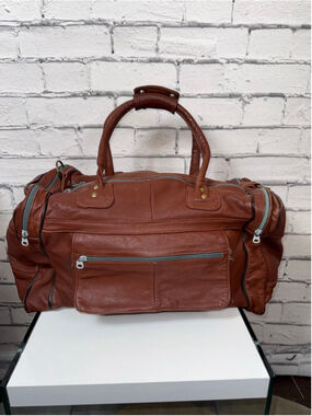 Vintage Leather Duffel Bag Brown Red Side Pickets Gym Bag 20x12x10